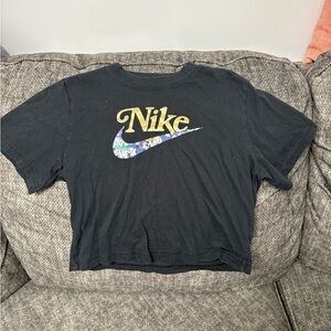 Nike Black Crop Top with Gold and Floral Swoosh